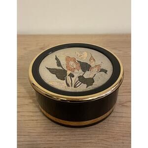 VTG Himark “The Art Of Chokin” Black/Gold/Floral Round Trinket Box 3.5”